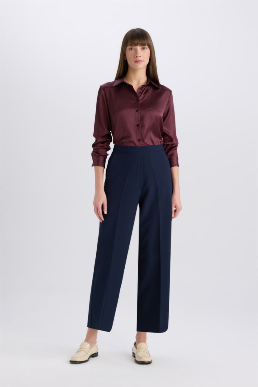 Kadın Kahve Regular Fit Saten Uzun Kollu Gömlek