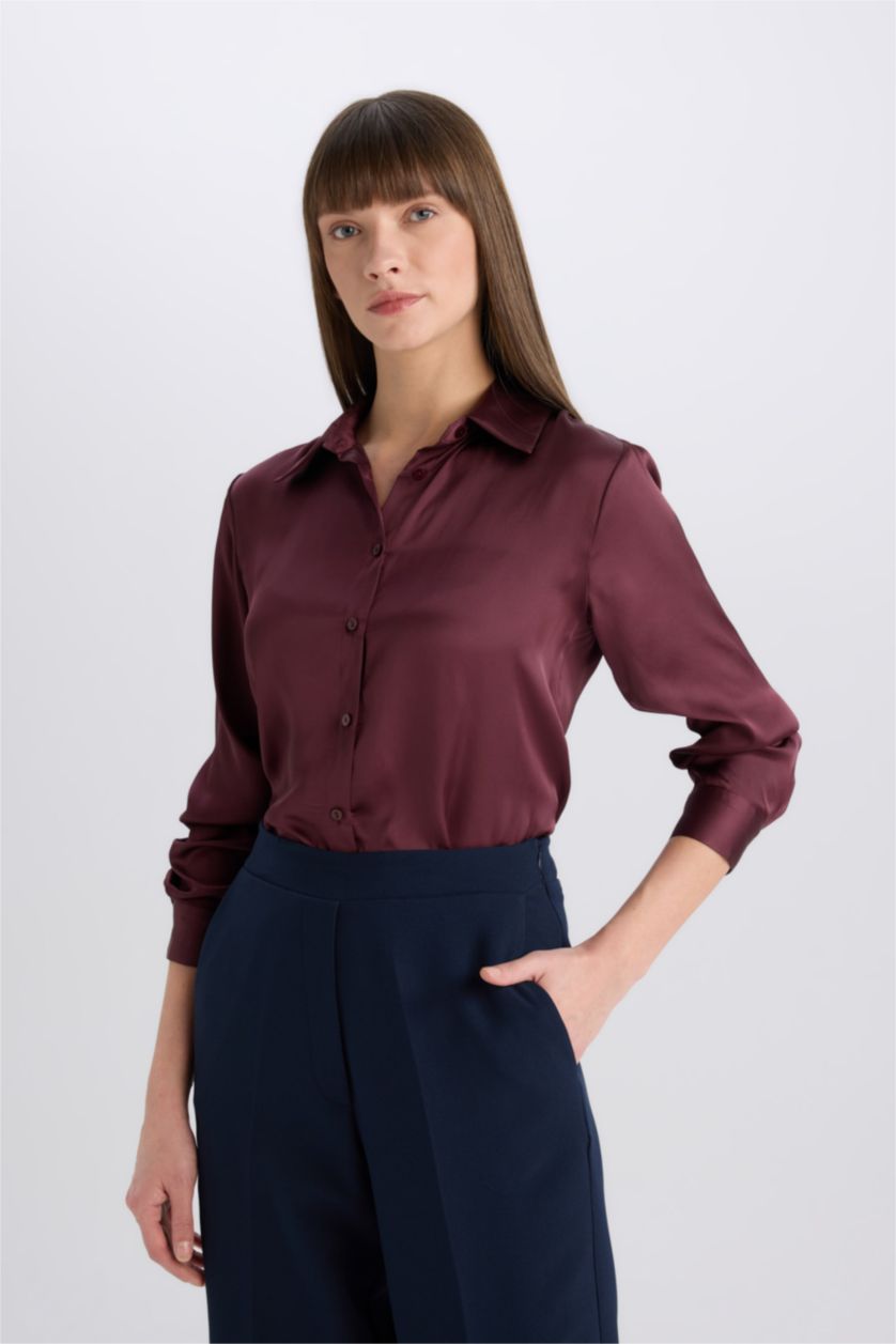 Kadın Kahve Regular Fit Saten Uzun Kollu Gömlek