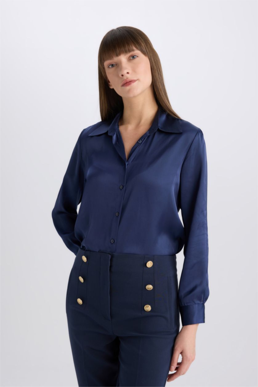 Kadın Lacivert Regular Fıt Saten