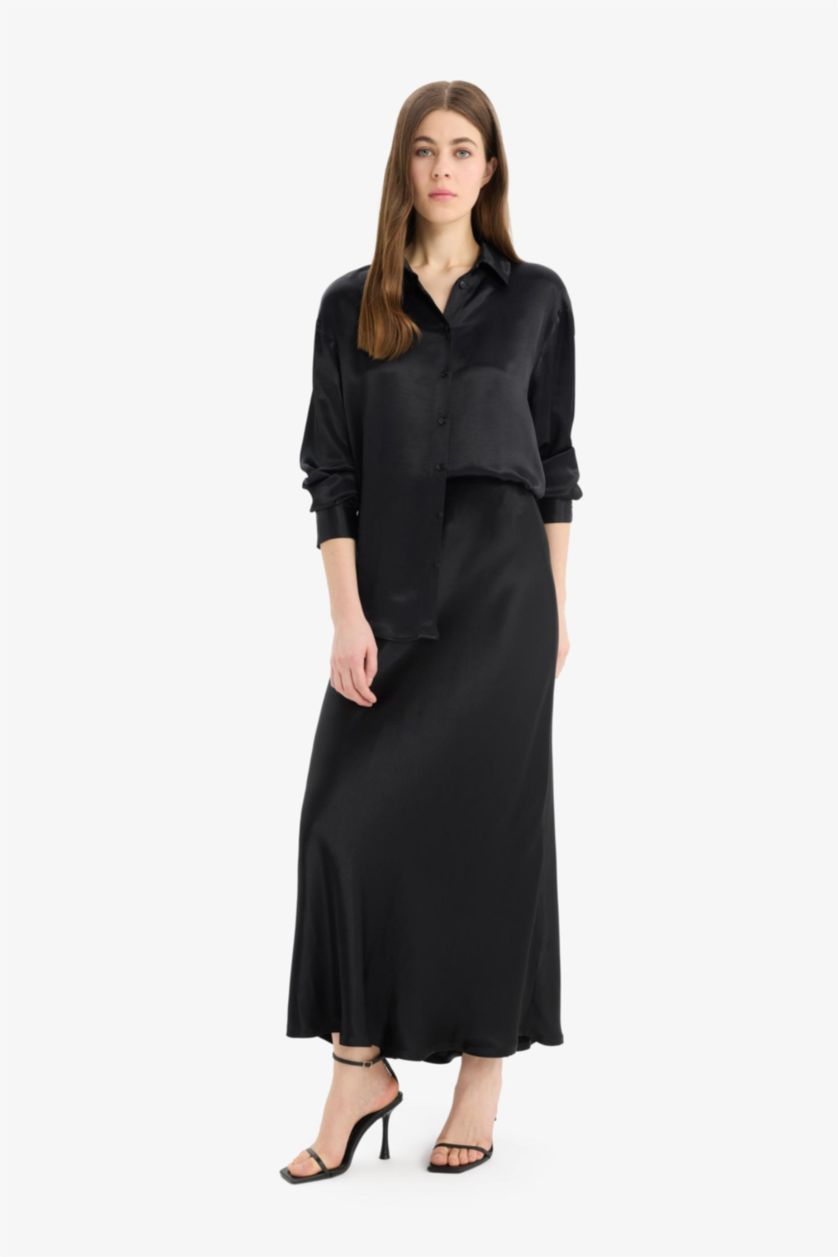 Kadın Siyah Regular Fit Saten Basic Düz Uzun Kollu Gömlek