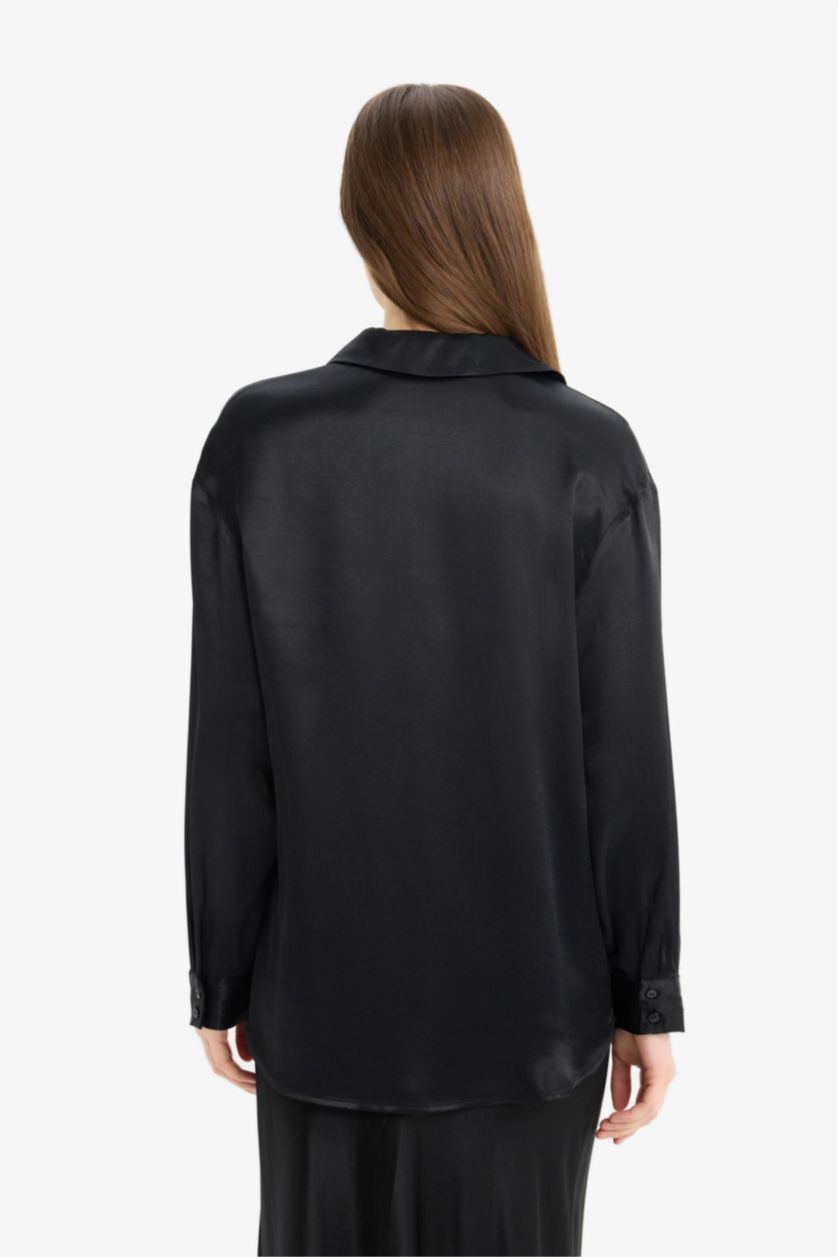 Kadın Siyah Regular Fit Saten Basic Düz Uzun Kollu Gömlek