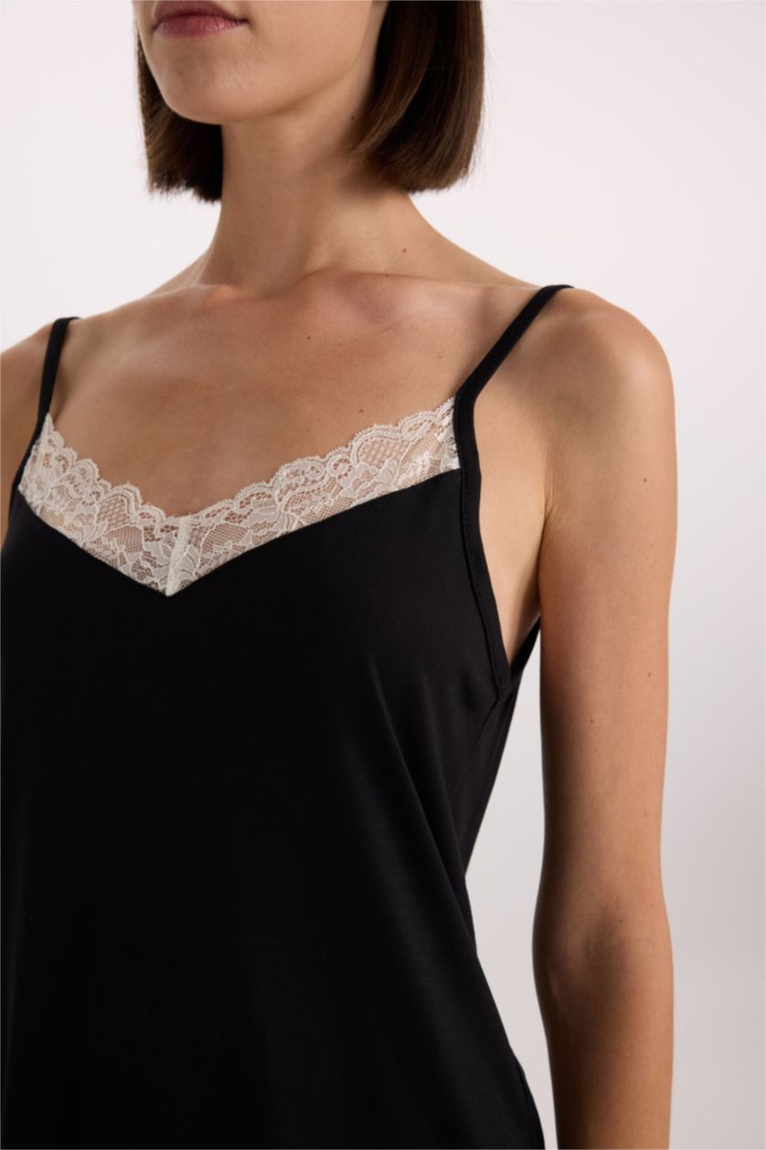 Kadın Siyah Pijama Takım Viskon Askılı Üst Beli Lastikli Uzun Alt-Fall in Love 