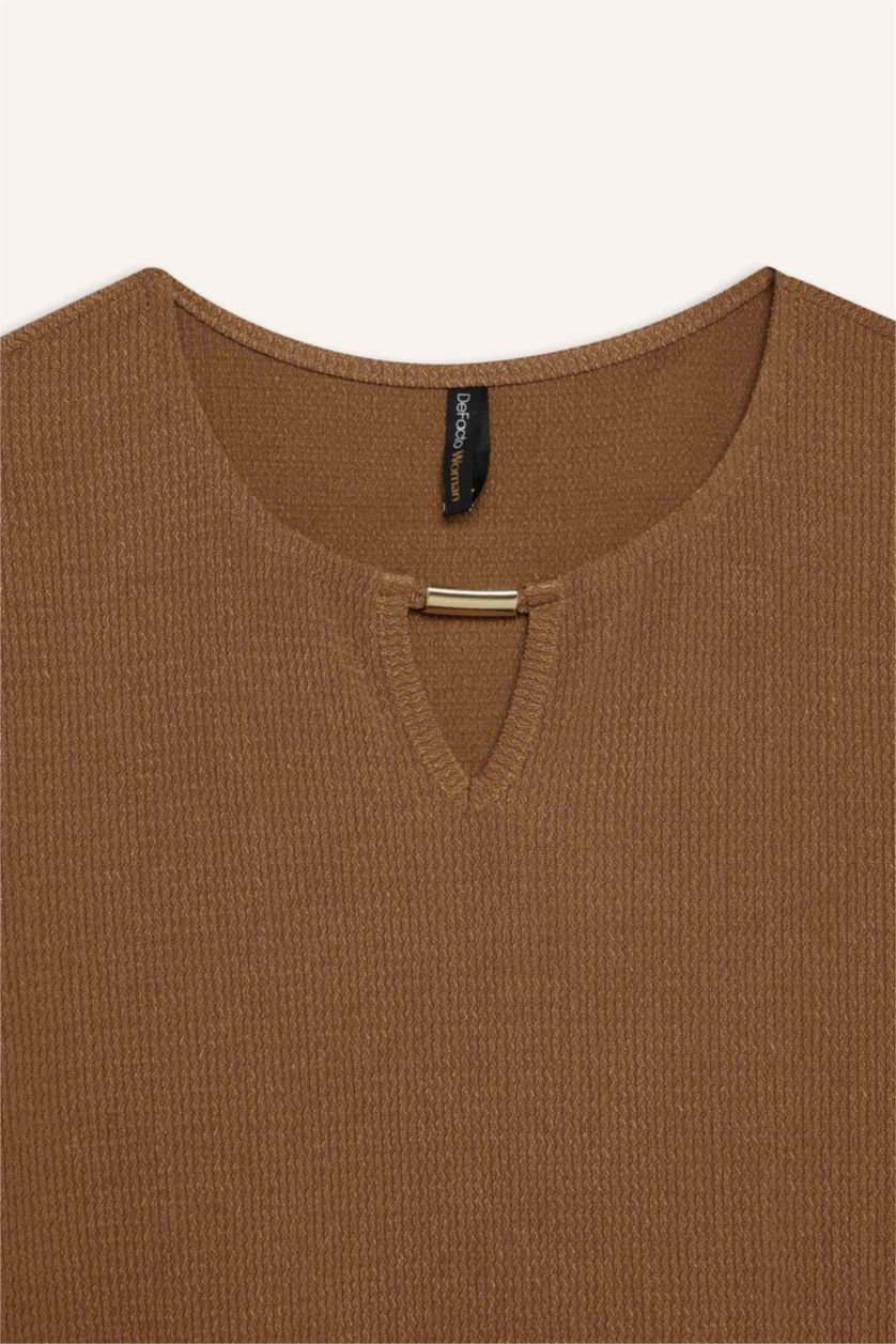 Kadın Açık Kahve Bisiklet Yaka Basic Düz Bürümcük Uzun Kollu Maxi Elbise