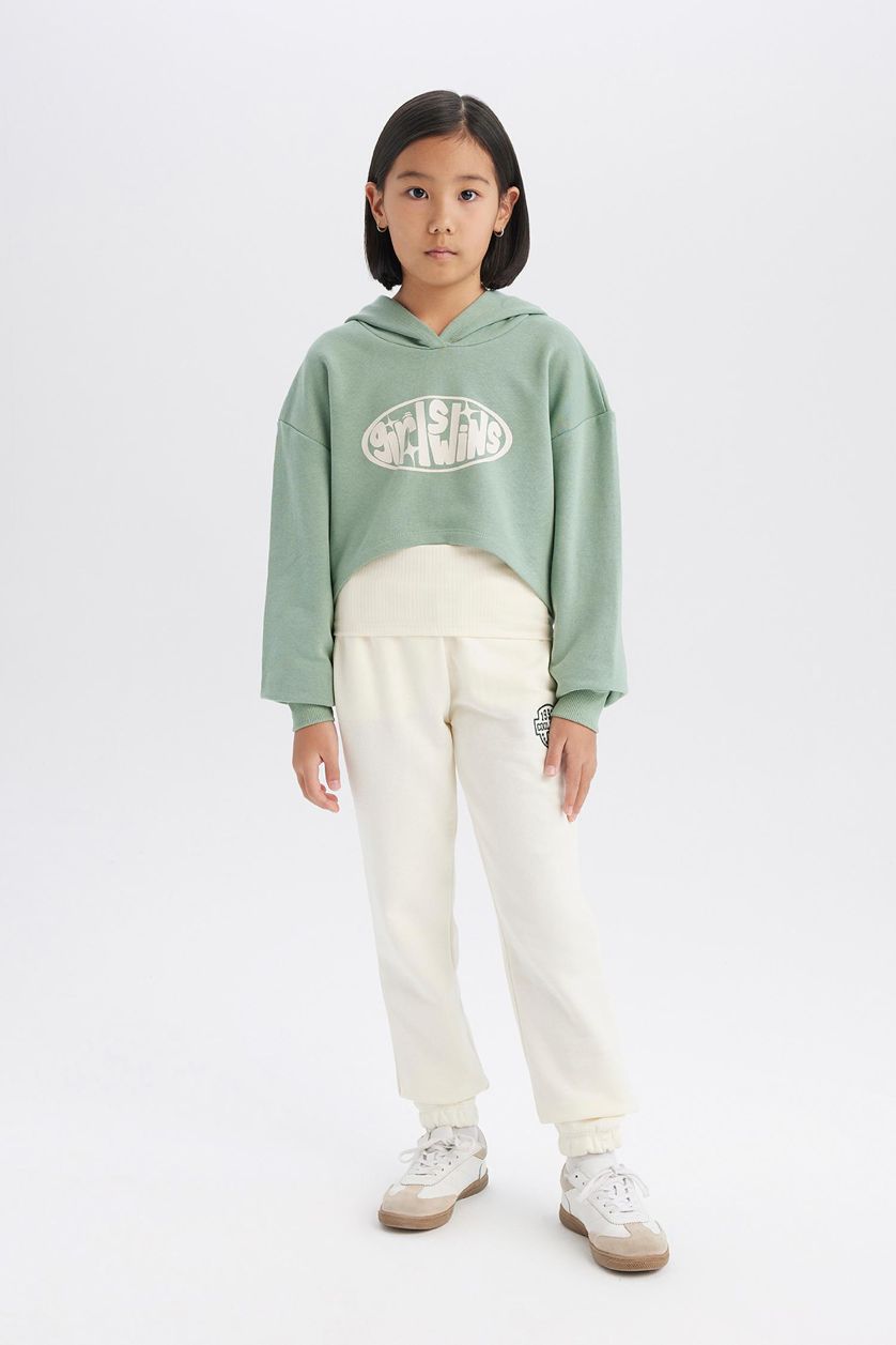 Kız Çocuk - Genç Kız Ekru Beli Paçası Lastikli Baskılı Jogger Eşofman Altı Kız Çocuk