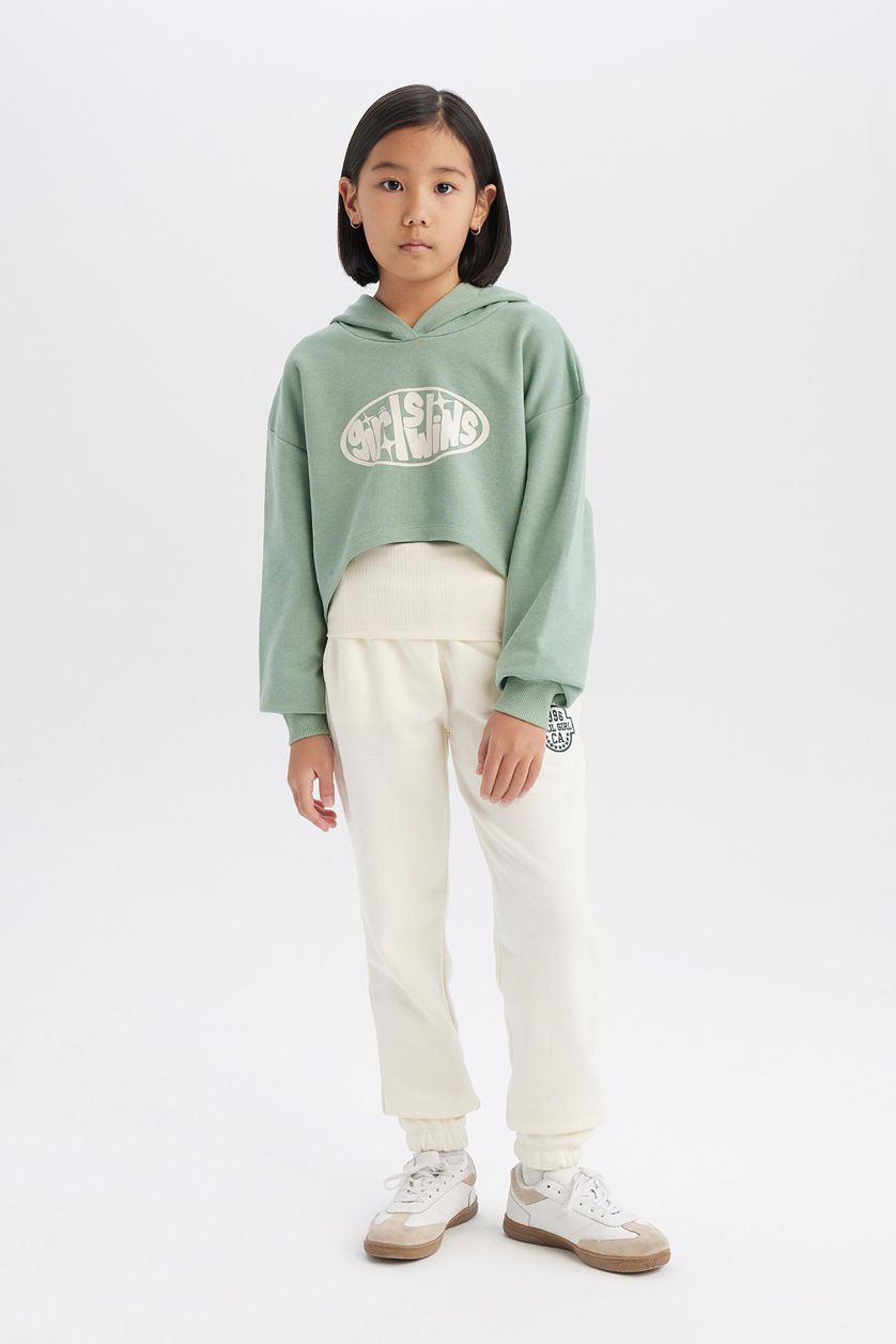 Kız Çocuk - Genç Kız Ekru Beli Paçası Lastikli Baskılı Jogger Eşofman Altı Kız Çocuk