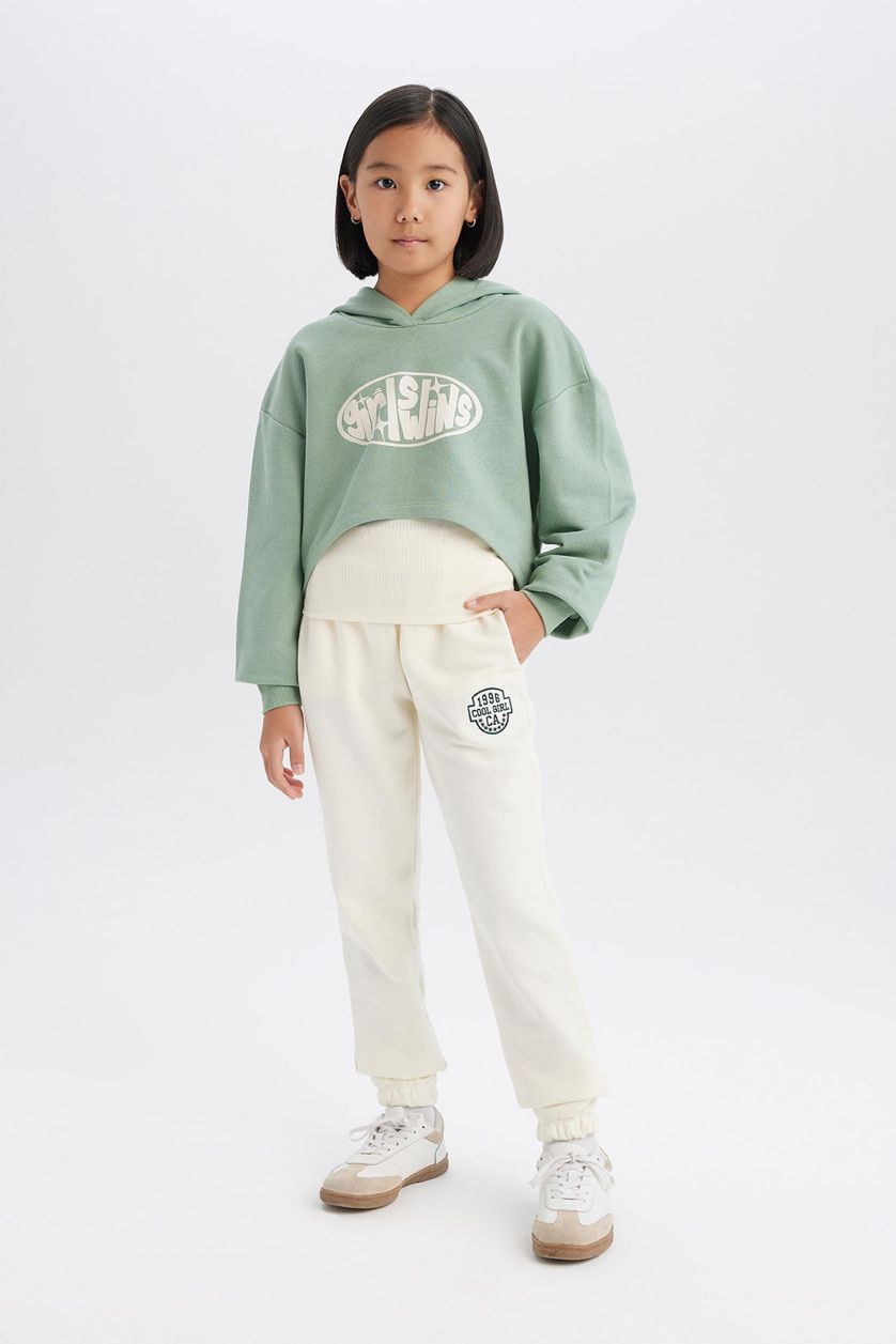 Kız Çocuk - Genç Kız Ekru Beli Paçası Lastikli Baskılı Jogger Eşofman Altı Kız Çocuk