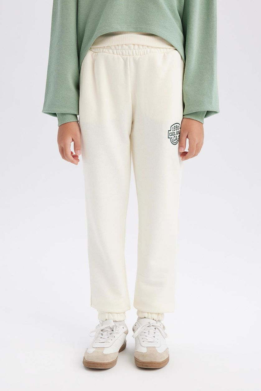 Kız Çocuk - Genç Kız Ekru Beli Paçası Lastikli Baskılı Jogger Eşofman Altı Kız Çocuk