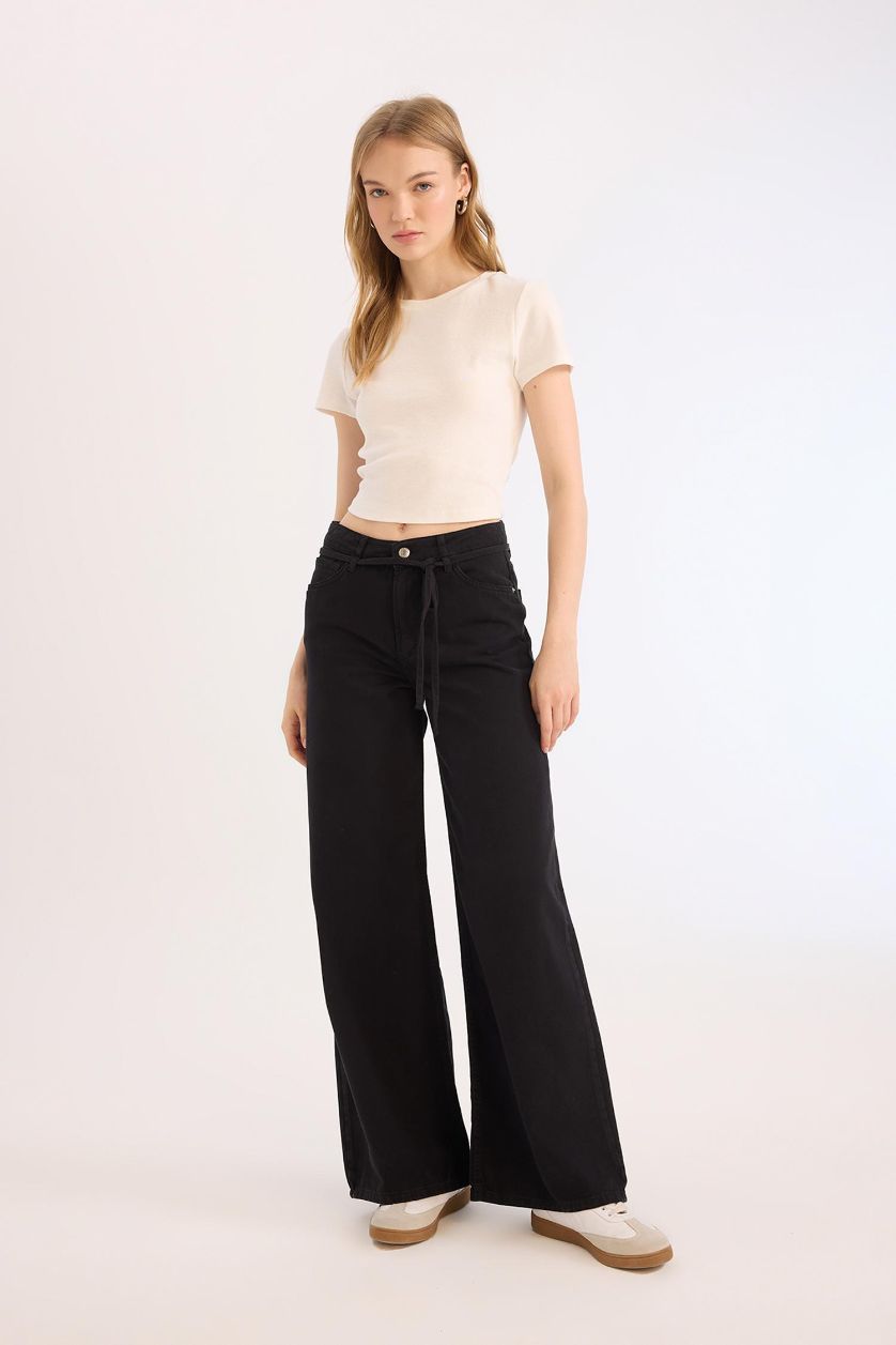 Woman Black Wide Leg High Waist Gabardine Trousers