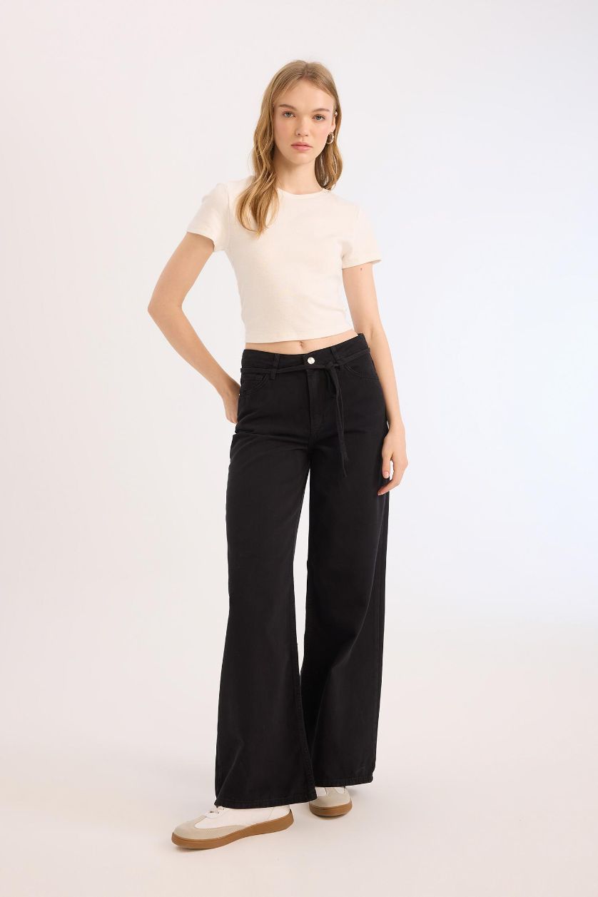 Woman Black Wide Leg High Waist Gabardine Trousers