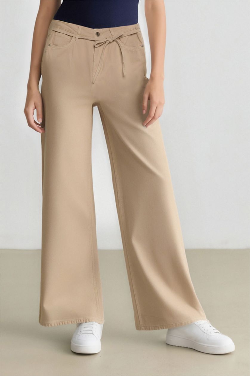 Kadın Ekru %100 Pamuk Gabardin Palazzo Pantolon Wide Leg Yüksek Bel Geniş Bol Paça