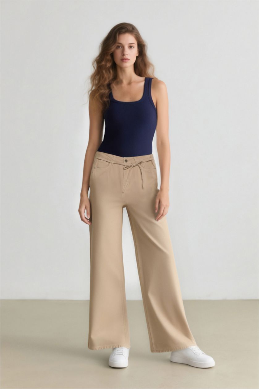 Kadın Ekru %100 Pamuk Gabardin Palazzo Pantolon Wide Leg Yüksek Bel Geniş Bol Paça