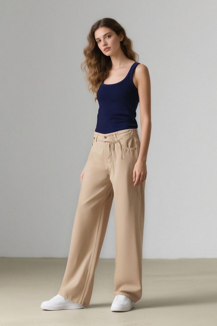 WOMAN Ecru Wide Leg High Waist Gabardine Trousers