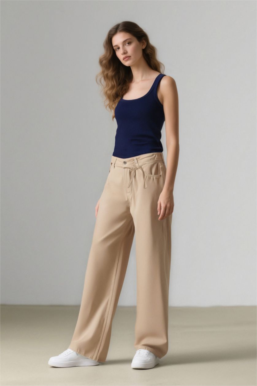 Kadın Ekru %100 Pamuk Gabardin Palazzo Pantolon Wide Leg Yüksek Bel Geniş Bol Paça