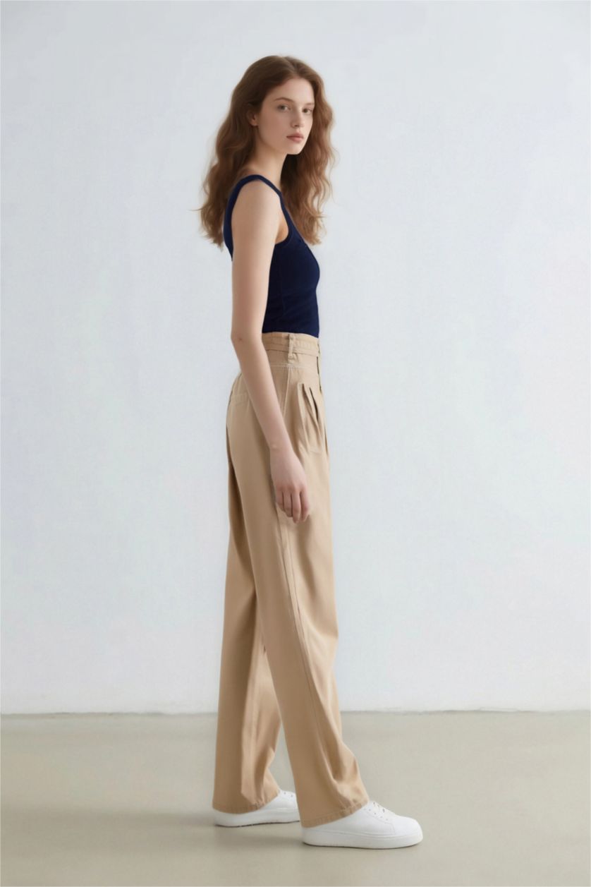 Kadın Ekru %100 Pamuk Gabardin Palazzo Pantolon Wide Leg Yüksek Bel Geniş Bol Paça