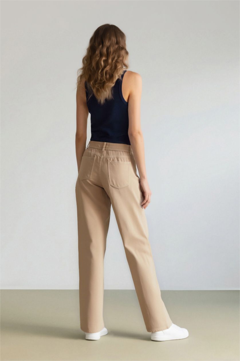Kadın Ekru %100 Pamuk Gabardin Palazzo Pantolon Wide Leg Yüksek Bel Geniş Bol Paça