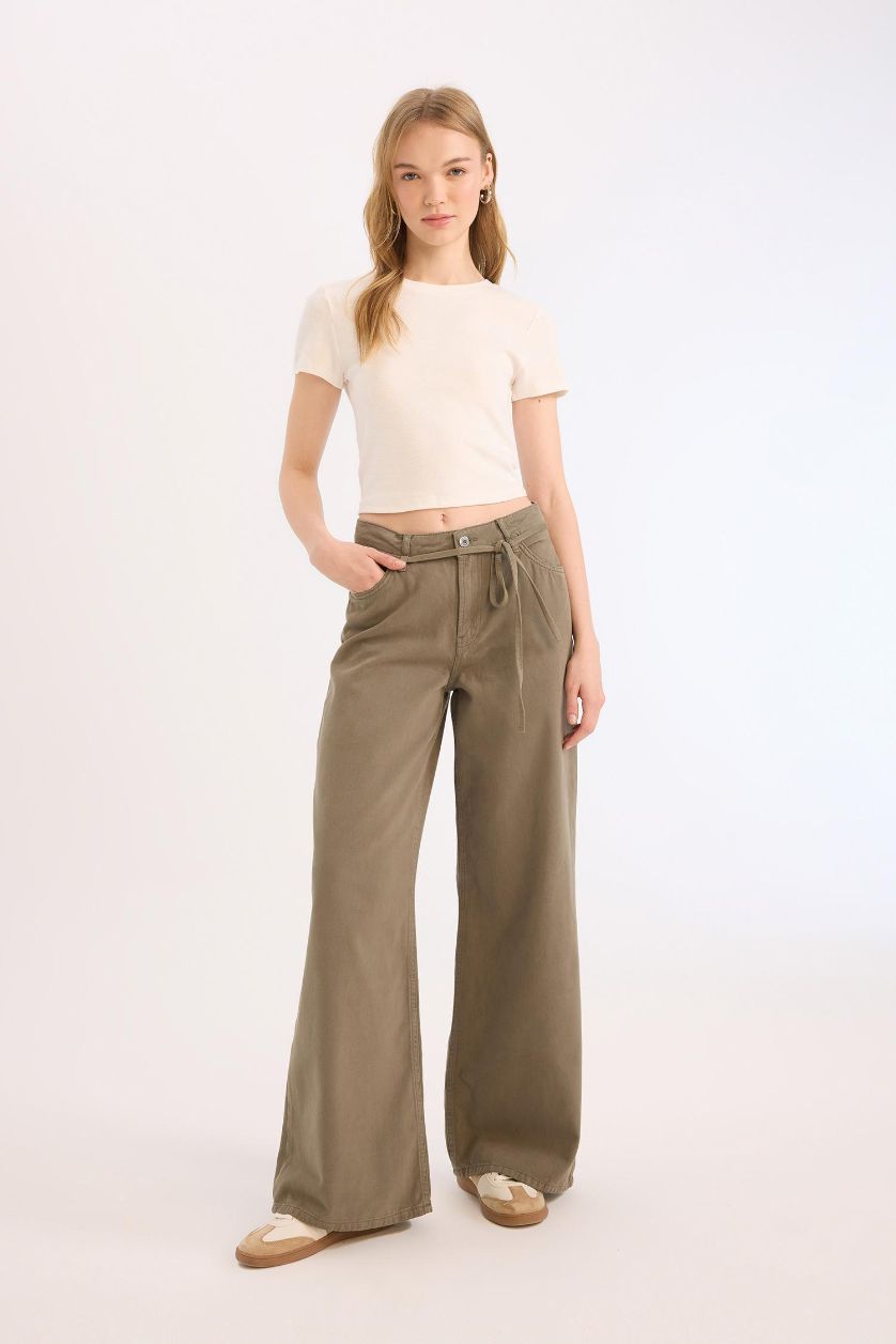 Woman Khaki Wide Leg High Waist Gabardine Trousers