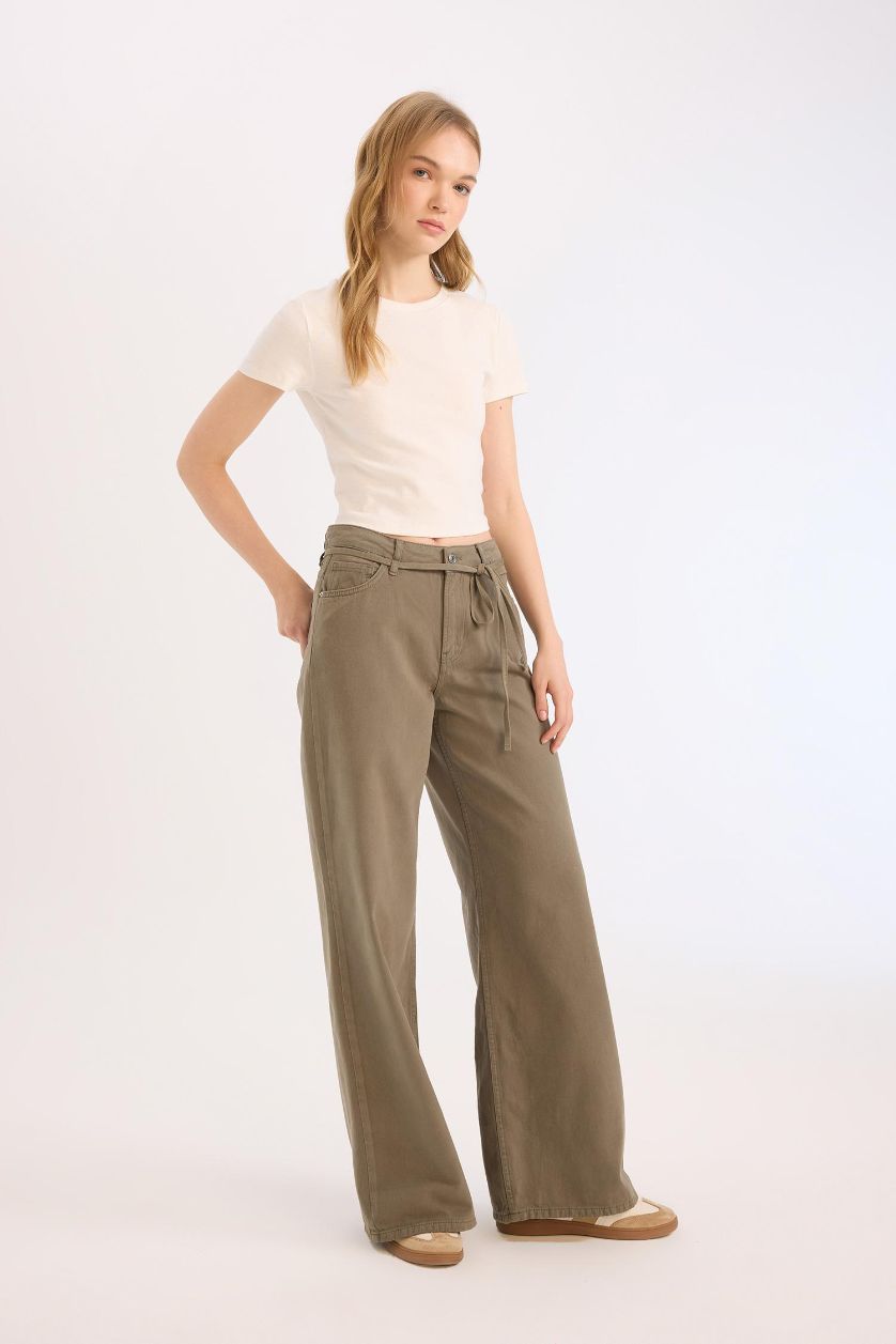 Woman Khaki Wide Leg High Waist Gabardine Trousers