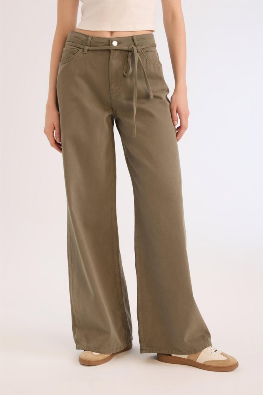 Woman Khaki Wide Leg High Waist Gabardine Trousers