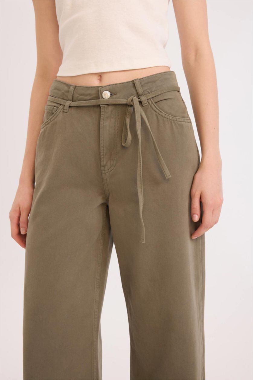 Woman Khaki Wide Leg High Waist Gabardine Trousers