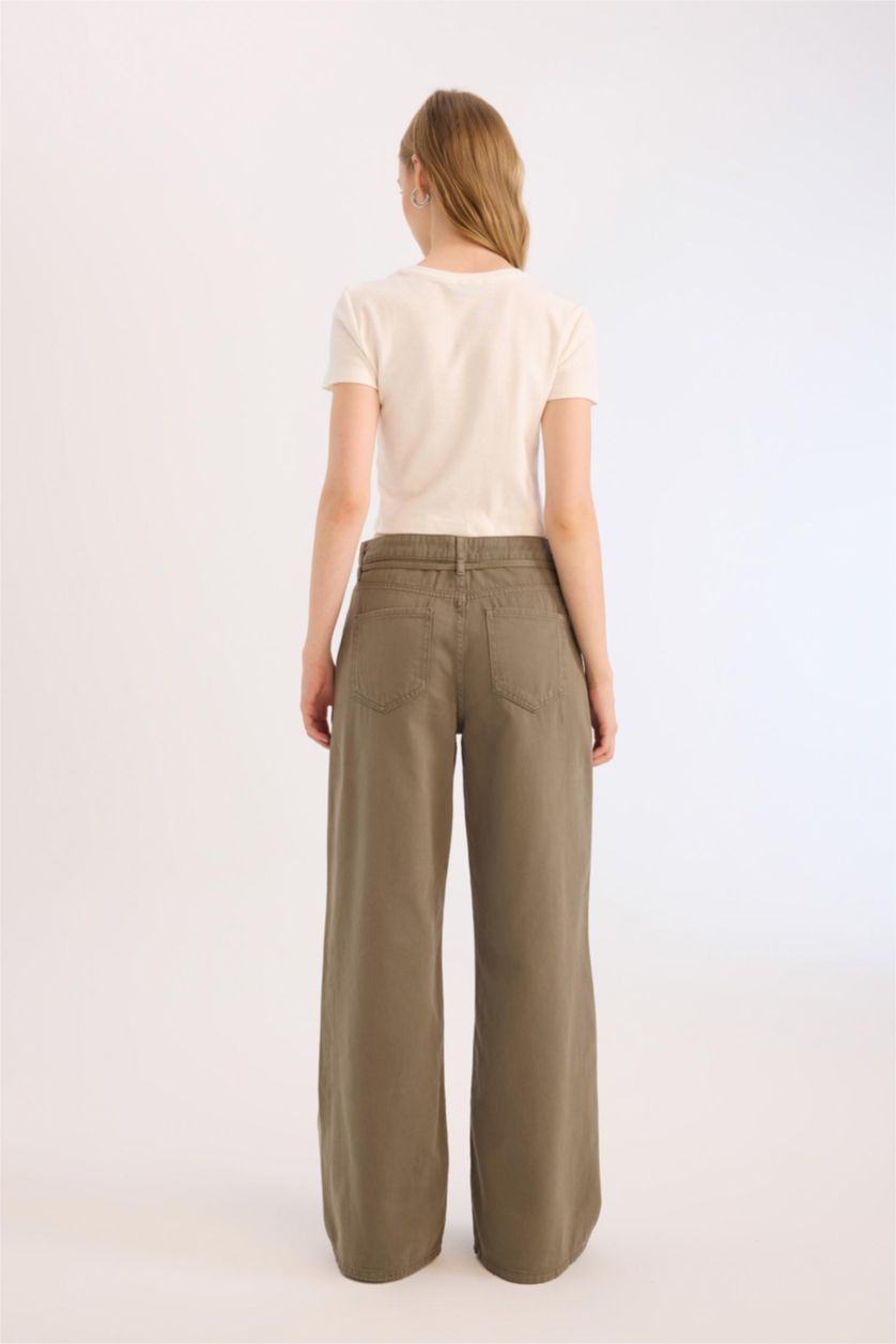 Woman Khaki Wide Leg High Waist Gabardine Trousers