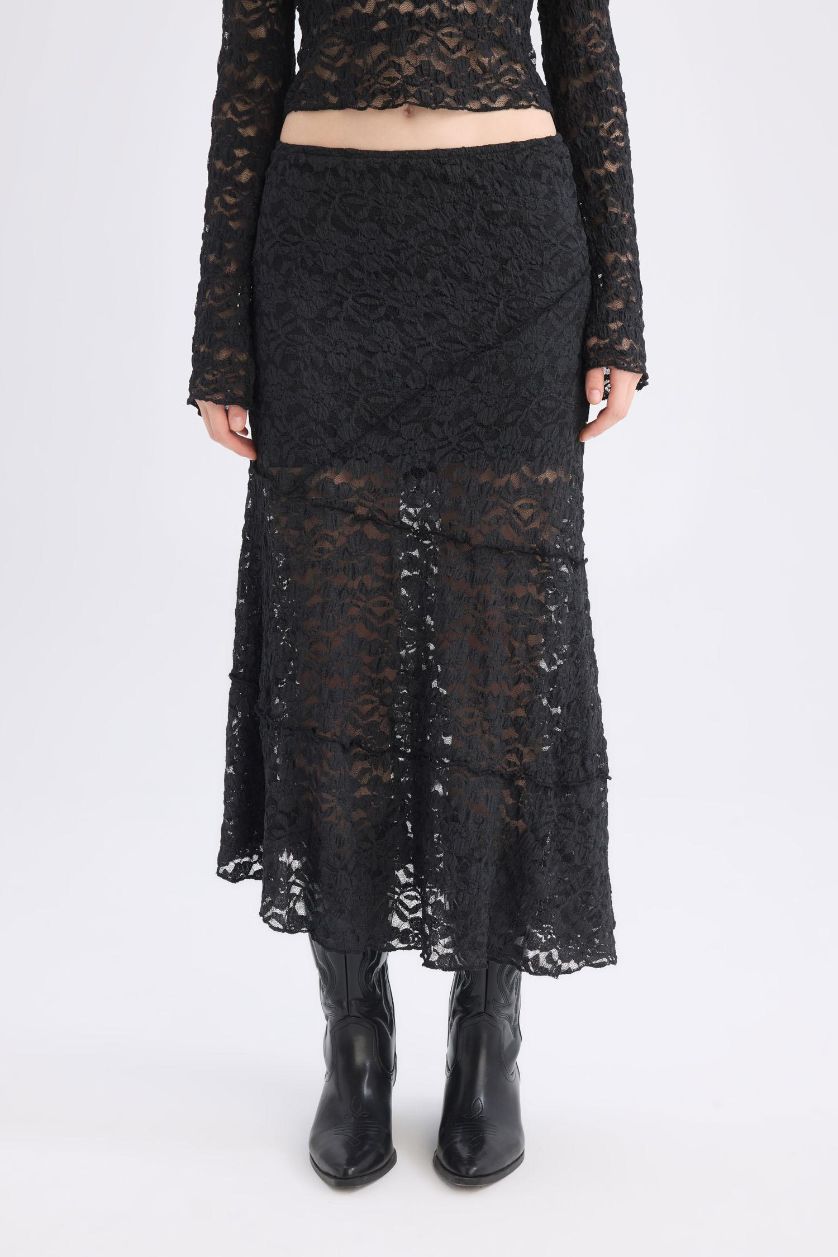 نساء أسود تنورة طويل بالدانتيل قصة A بخصر عالي