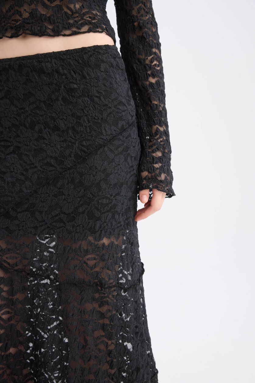 نساء أسود تنورة طويل بالدانتيل قصة A بخصر عالي