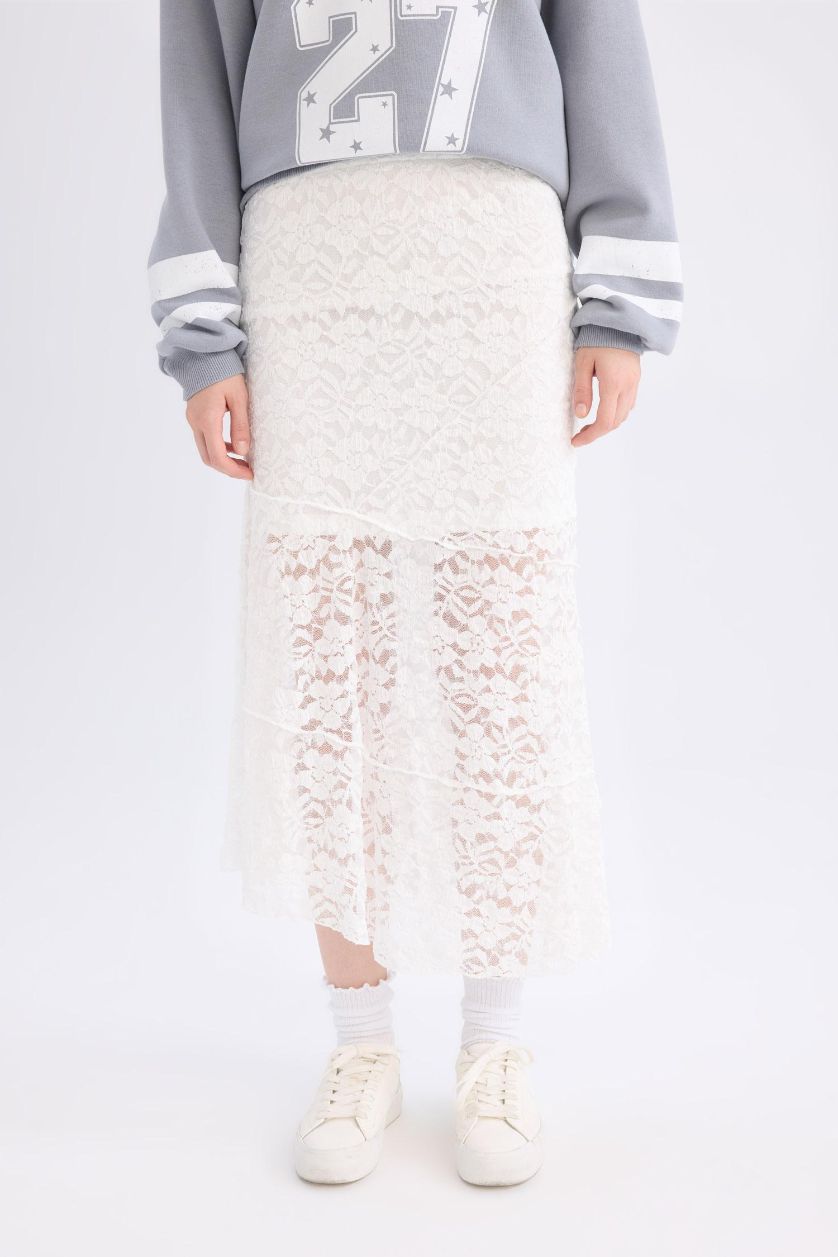 نساء اوف وايت تنورة ماكسي بالدانتيل قصة A بخصر عالي