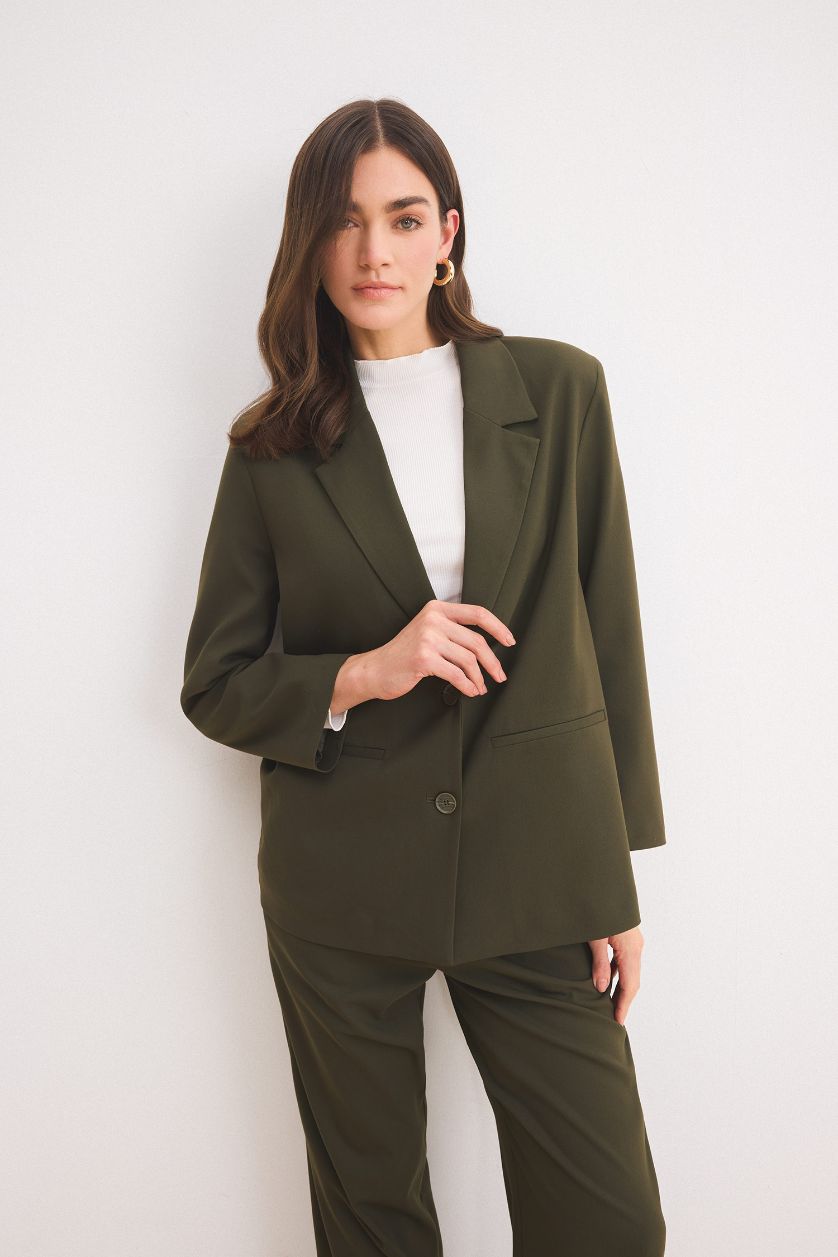 Kadın Koyu Haki Regular Fit Ceket Yaka Basic Düz Düğmeli Blazer Ceket