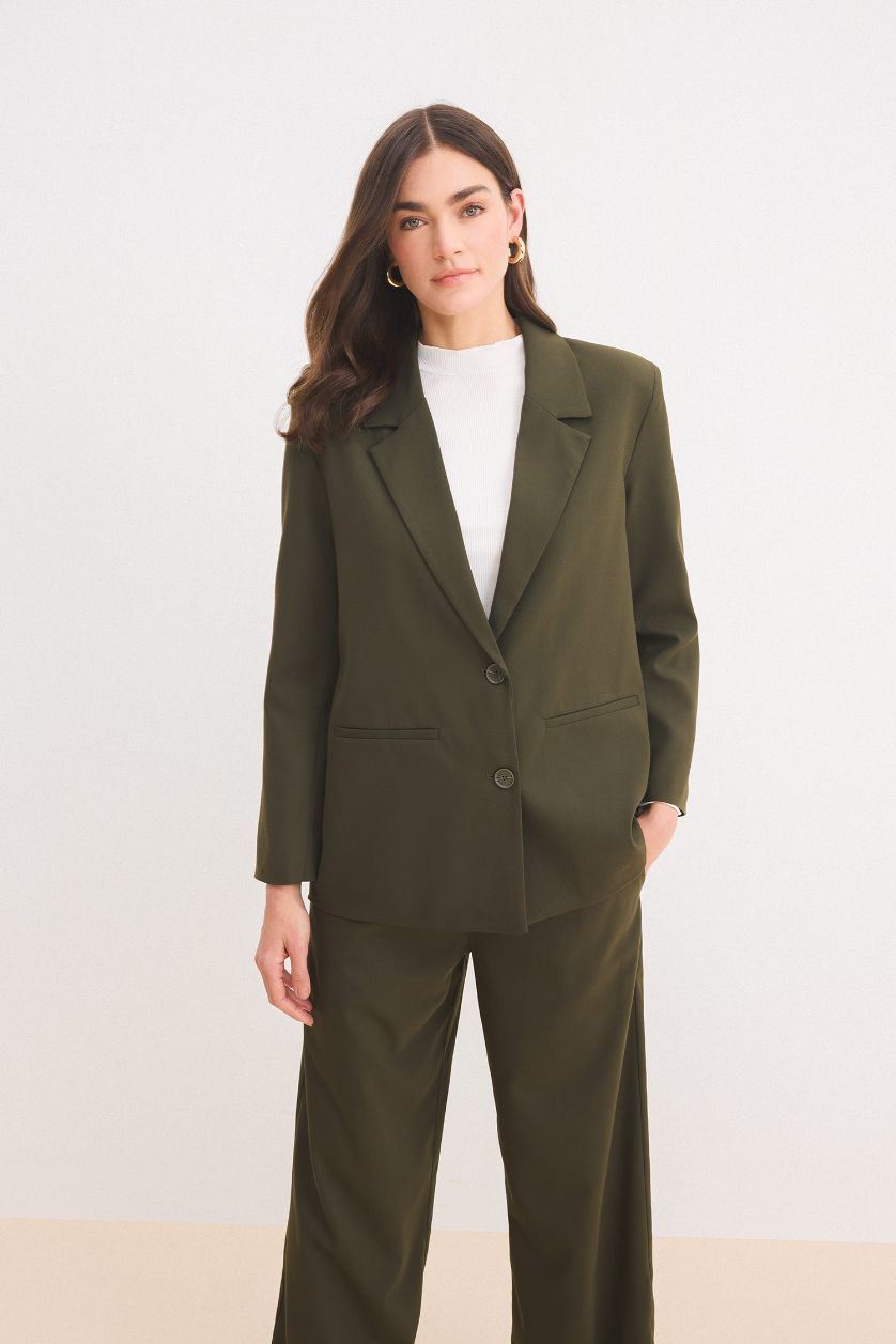 Kadın Koyu Haki Regular Fit Ceket Yaka Basic Düz Düğmeli Blazer Ceket