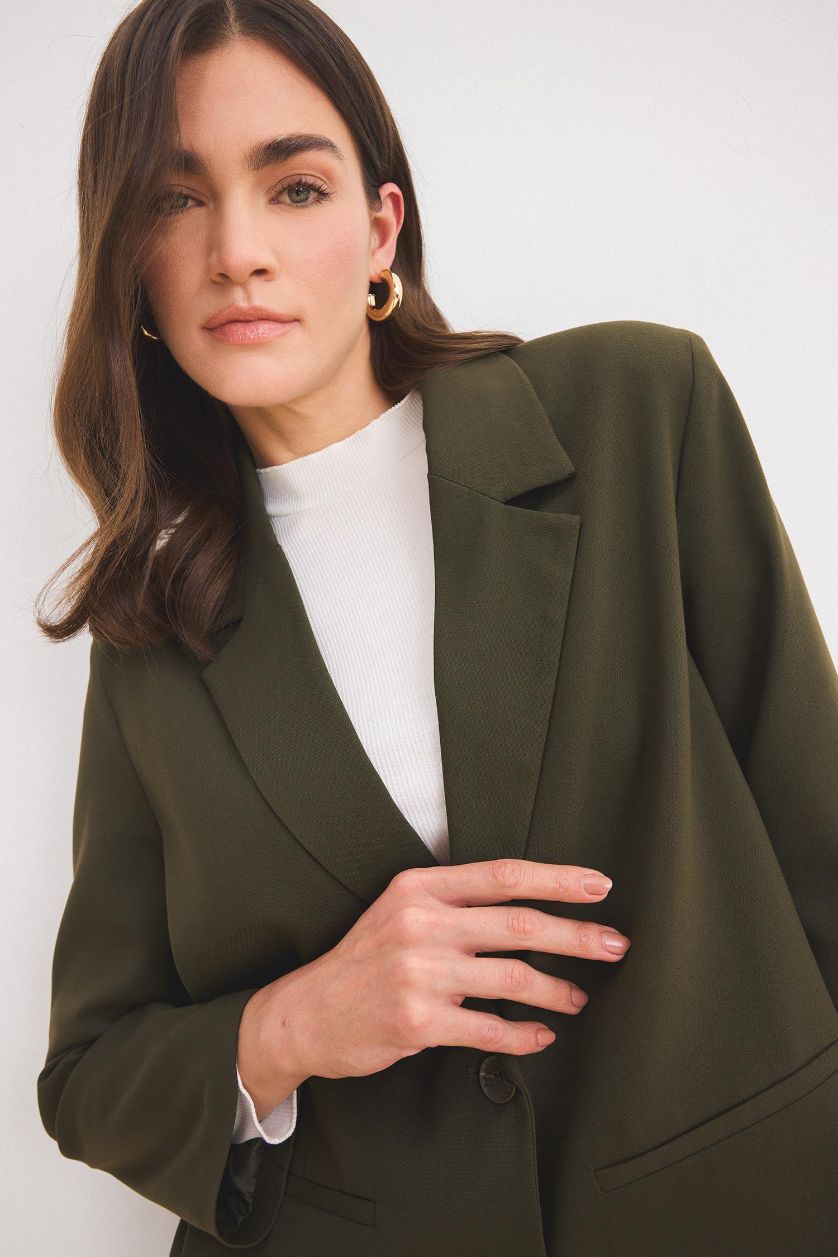 Kadın Koyu Haki Regular Fit Ceket Yaka Basic Düz Düğmeli Blazer Ceket