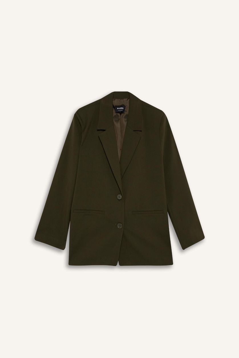 Kadın Koyu Haki Regular Fit Ceket Yaka Basic Düz Düğmeli Blazer Ceket