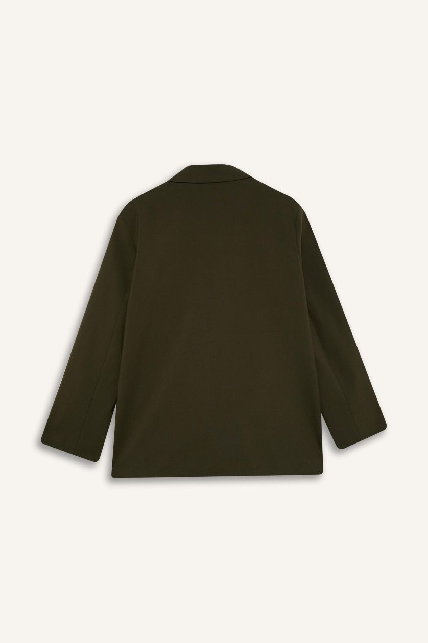 Kadın Koyu Haki Regular Fit Ceket Yaka Basic Düz Düğmeli Blazer Ceket