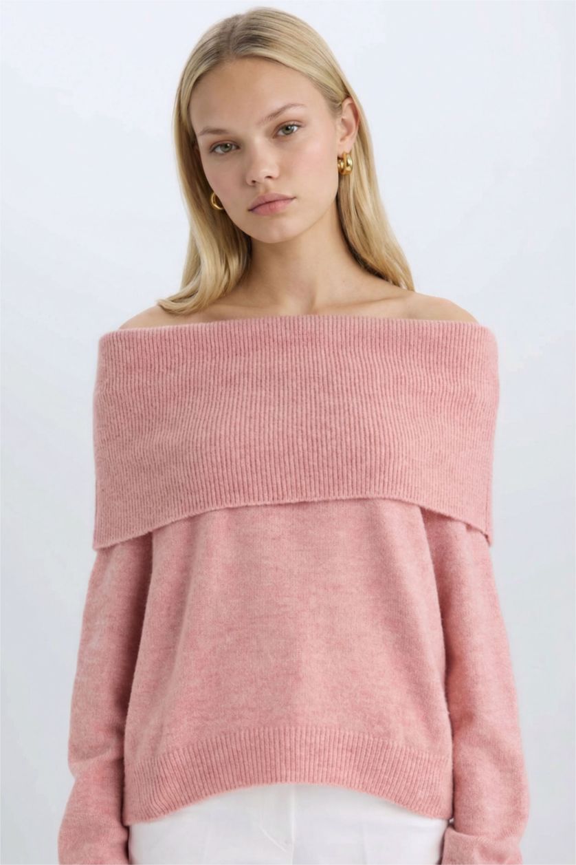 WOMAN Light Pink Oversize Fit Off Shoulder Pullover