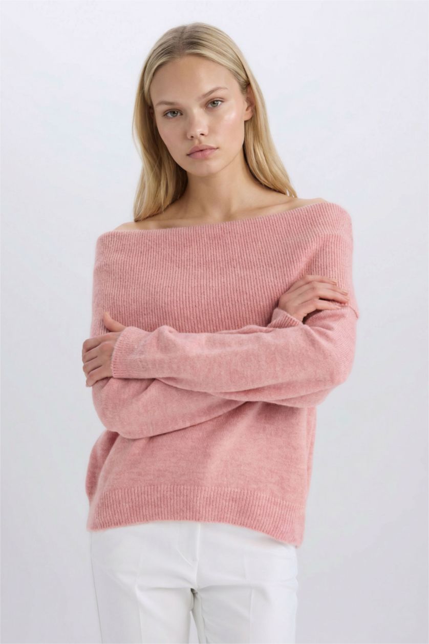 WOMAN Light Pink Oversize Fit Off Shoulder Pullover