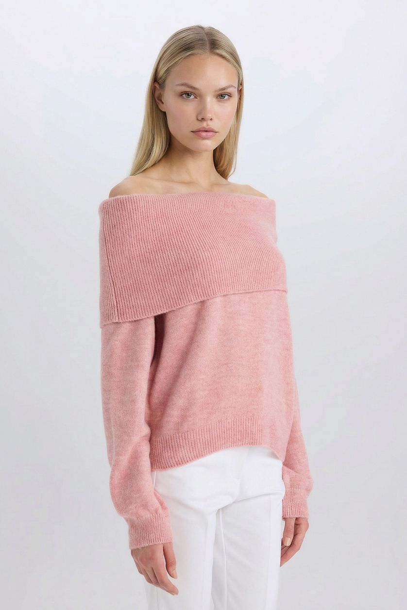 WOMAN Light Pink Oversize Fit Off Shoulder Pullover