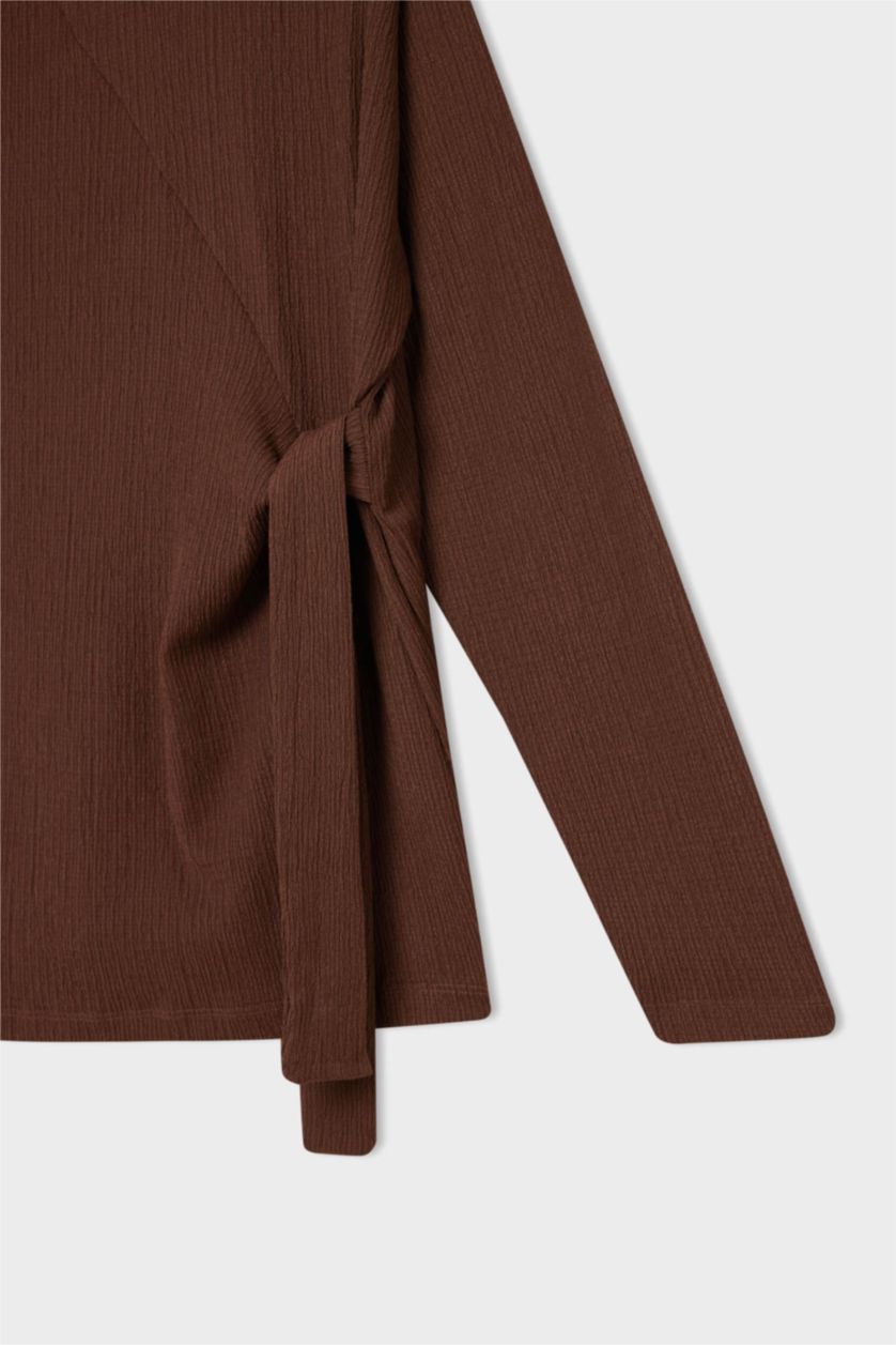 نساء بني تيشيرت كم طويل القماش المنسوج قصة عادية برقبة مستديرة