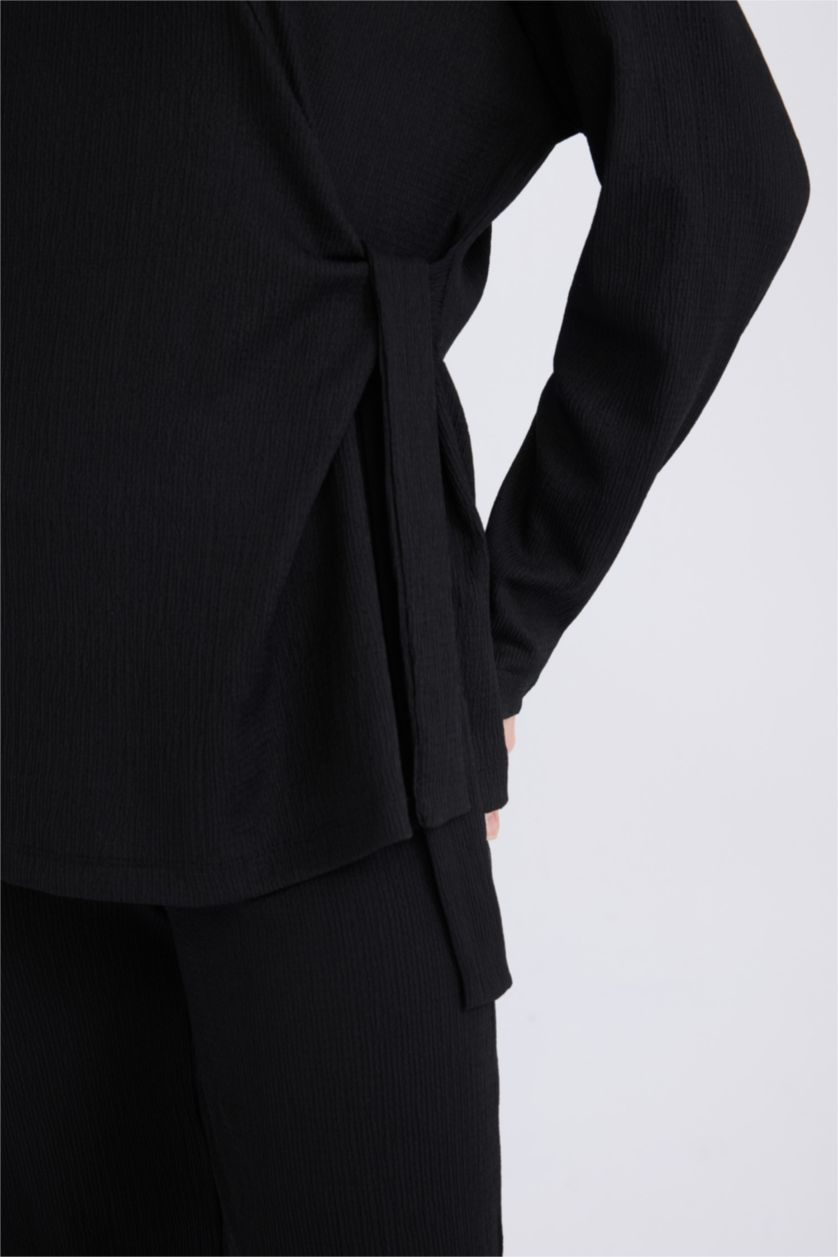 Kadın Siyah Regular Fit Bisiklet Yaka Basic Düz  Bürümcük Uzun Kollu Tişört