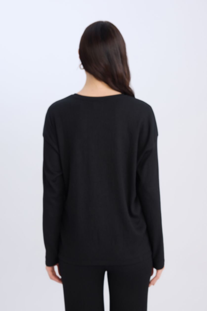 Kadın Siyah Regular Fit Bisiklet Yaka Basic Düz  Bürümcük Uzun Kollu Tişört