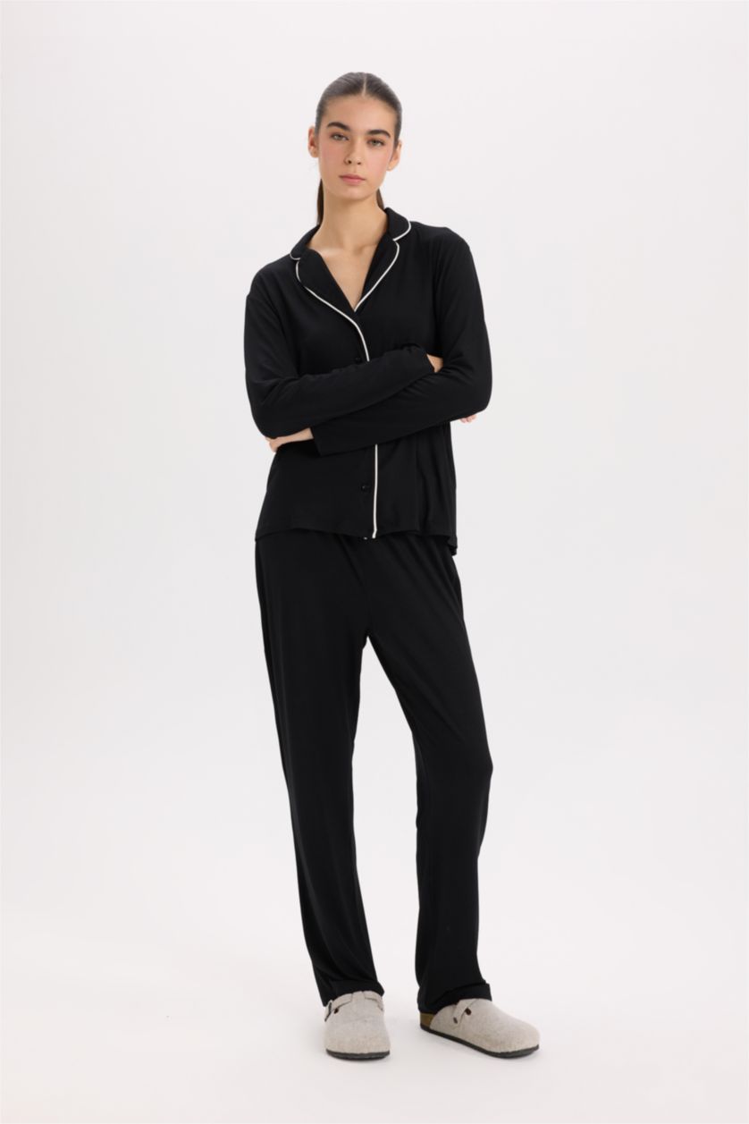 Kadın Siyah Pijama Takımı Regular Fit Uzun Kollu Üst Uzun Alt-Fall in Love 