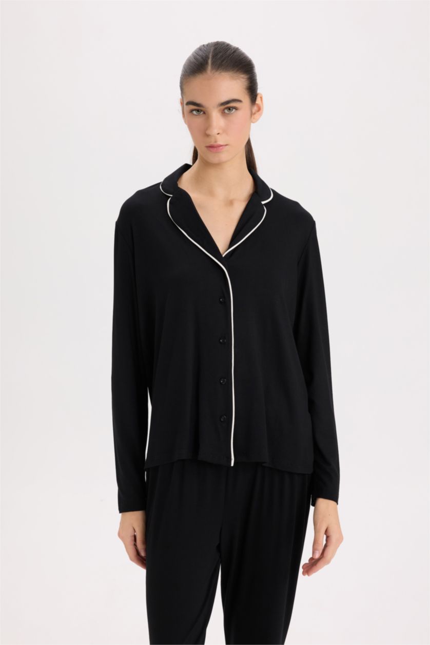 Kadın Siyah Pijama Takımı Regular Fit Uzun Kollu Üst Uzun Alt-Fall in Love 