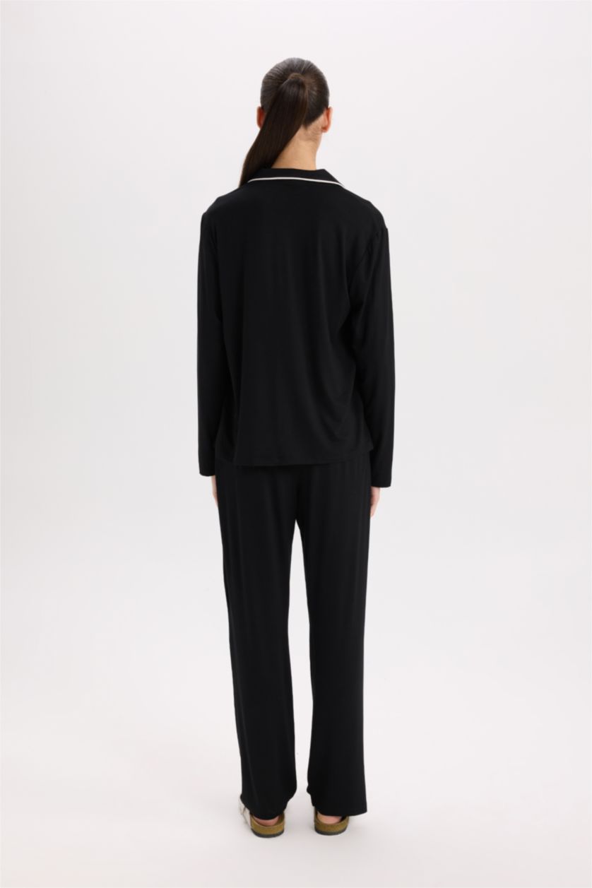 Kadın Siyah Pijama Takımı Regular Fit Uzun Kollu Üst Uzun Alt-Fall in Love 