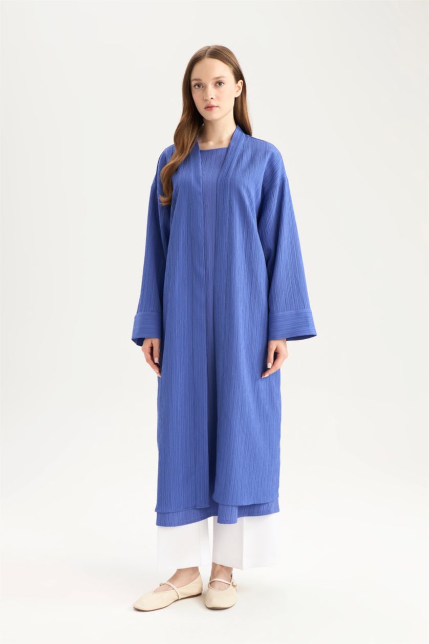 Kadın Saks 	Relax Fit Şal Yaka Krinkıl Kumaş Uzun Kimono