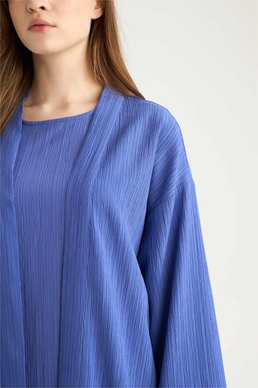 Kadın Saks 	Relax Fit Şal Yaka Krinkıl Kumaş Uzun Kimono