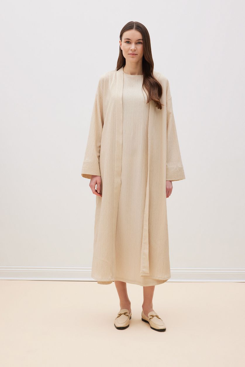 Kadın Bej Relax Fit Şal Yaka Krinkıl Kumaş Uzun Kimono