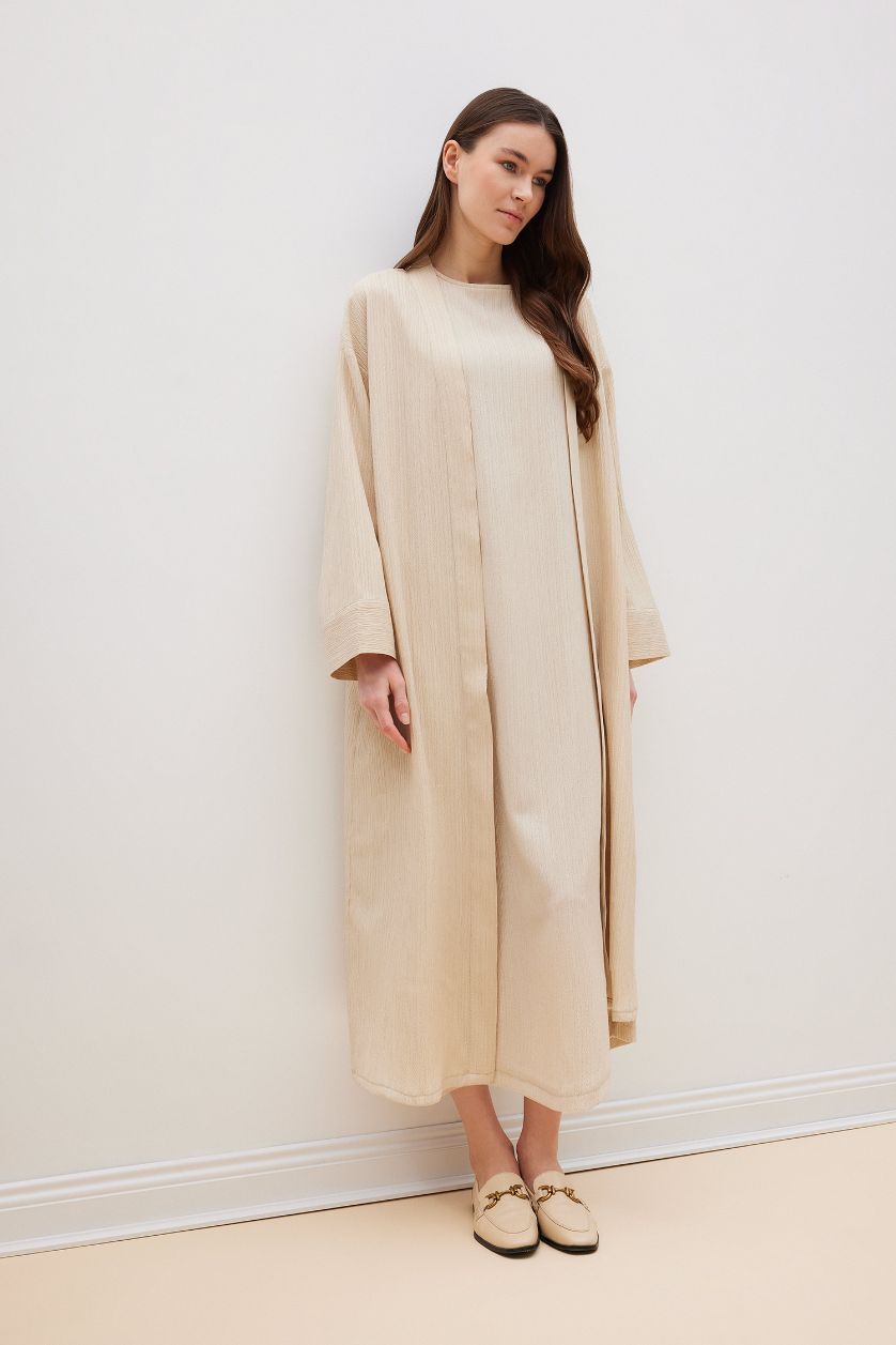 Kadın Bej Relax Fit Şal Yaka Krinkıl Kumaş Uzun Kimono