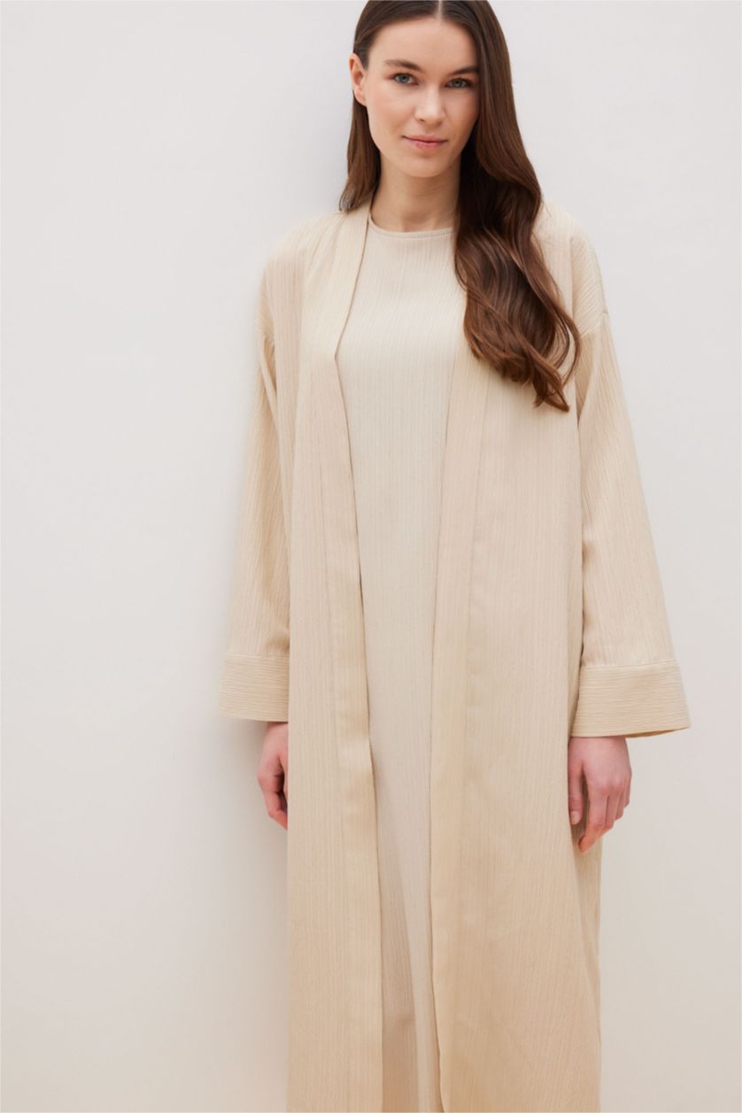 Kadın Bej Relax Fit Şal Yaka Krinkıl Kumaş Uzun Kimono