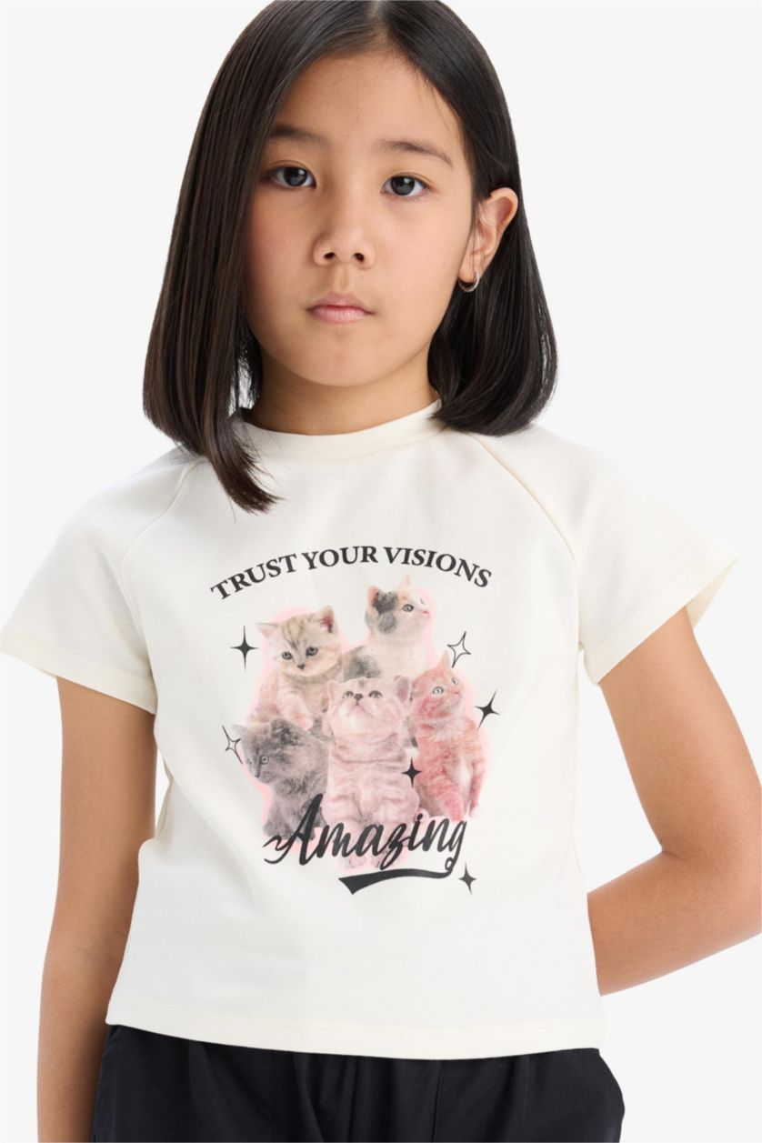 Kız Çocuk - Genç Kız Ekru Fitted Bisiklet Yaka Baskılı Kısa Kollu Tişört Kız Çocuk