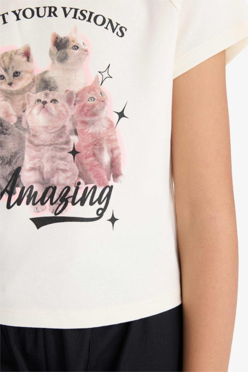 Kız Çocuk - Genç Kız Ekru Fitted Bisiklet Yaka Baskılı Kısa Kollu Tişört Kız Çocuk