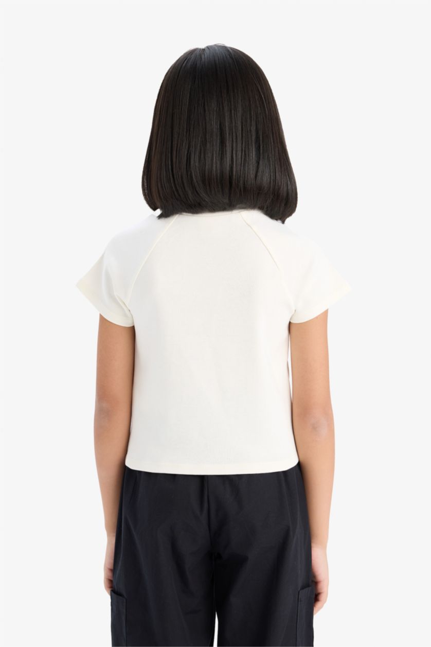 Kız Çocuk - Genç Kız Ekru Fitted Bisiklet Yaka Baskılı Kısa Kollu Tişört Kız Çocuk