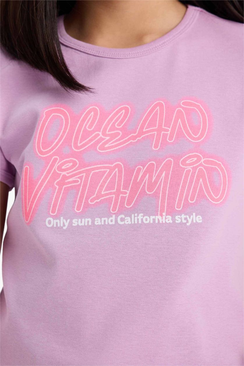 Kız Çocuk - Genç Kız Lila Fitted Bisiklet Yaka Baskılı Ribana Kısa Kollu Tişört Kız Çocuk